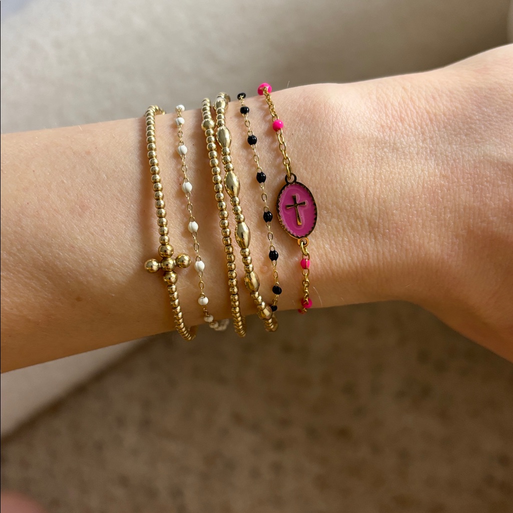 Dainty Gold Pink Beaded Cross Adjustable Bracelet Delicate Jeweled Chain 25$